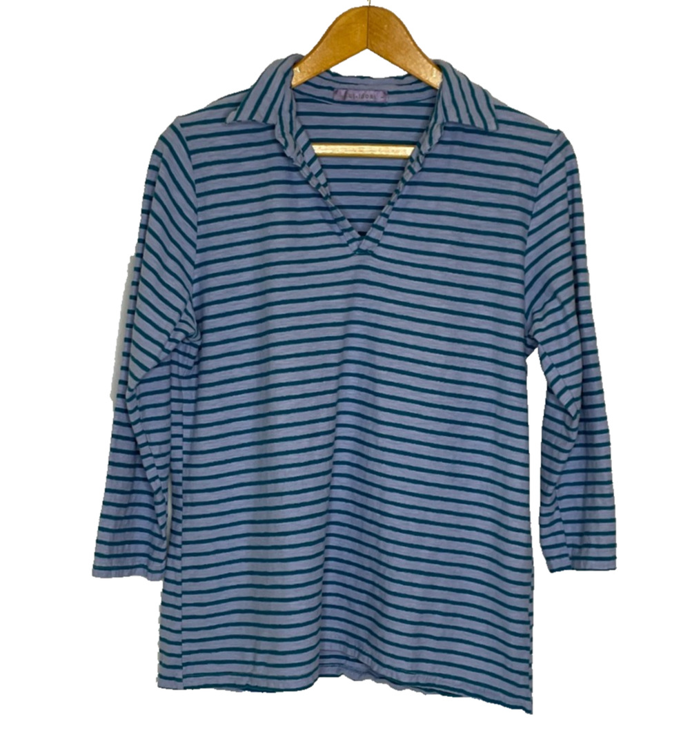 Women's Large Cut Loose Cotton Linen Blue Stripe Notch Collar Shirt